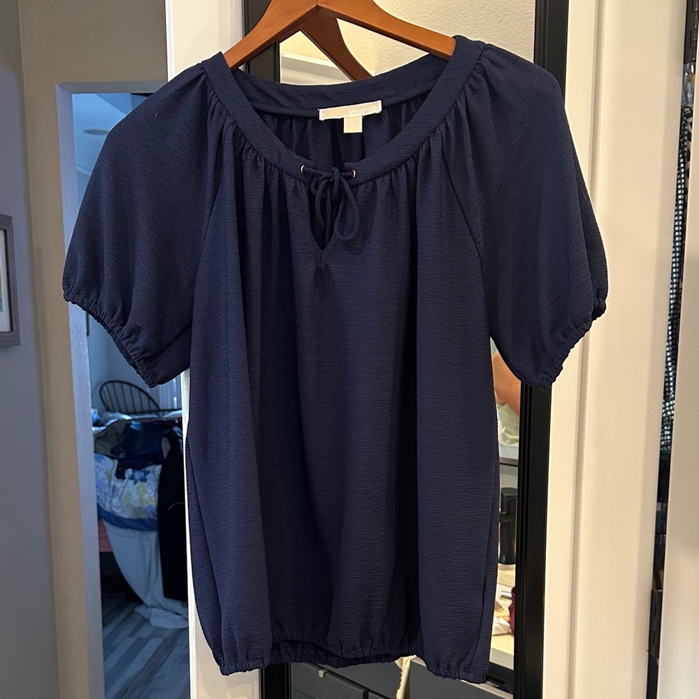 Michael Kors Blue Puff Sleeve Blouse with Tie Front , Navy Blue